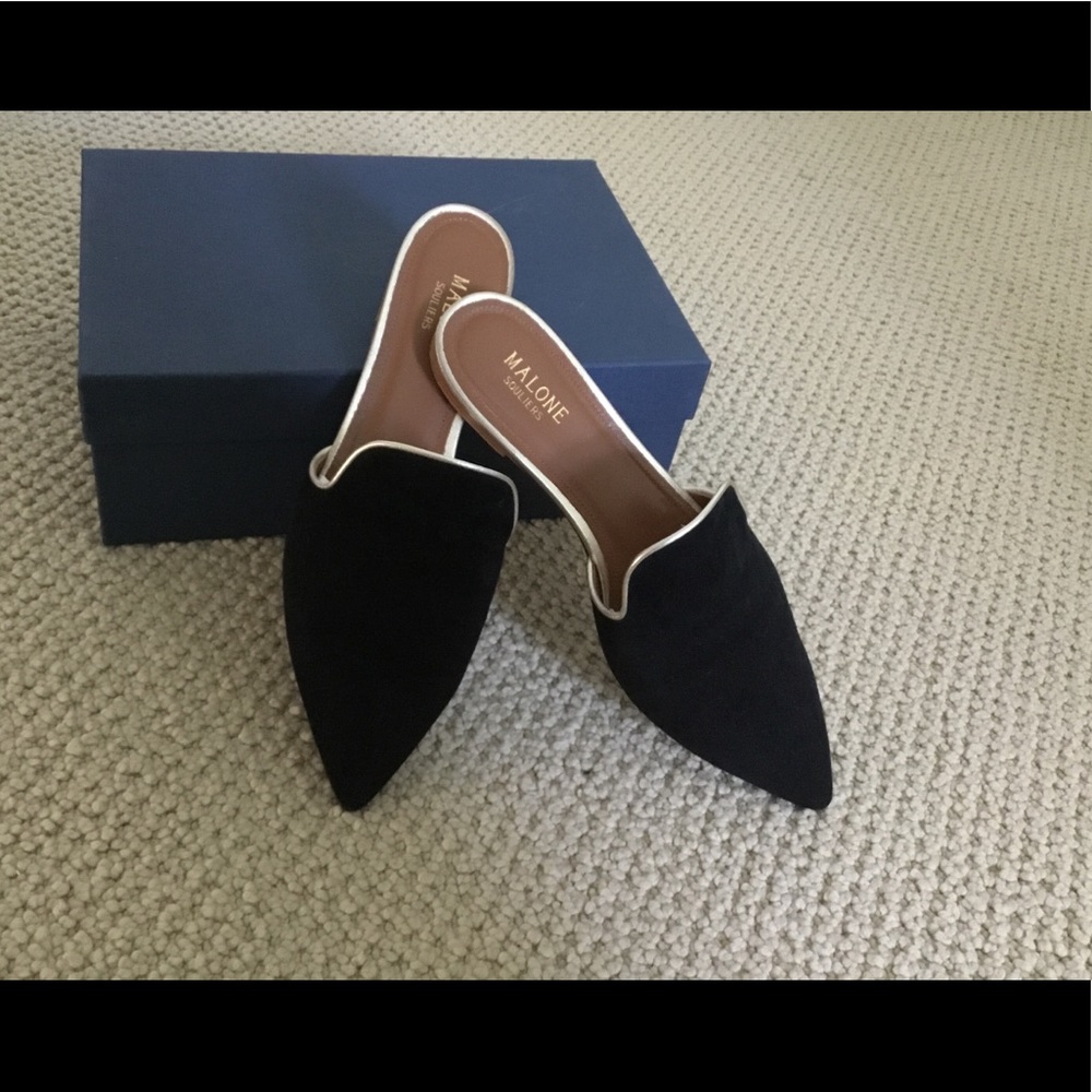Malone Souliers Black Pointed- Toe Mules with Gold Trim